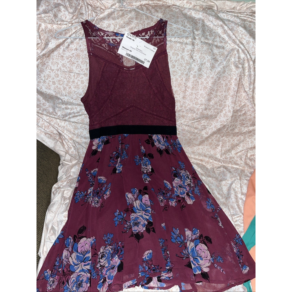 Xhilaration Burgundy Dress With Fall Florals Size XS